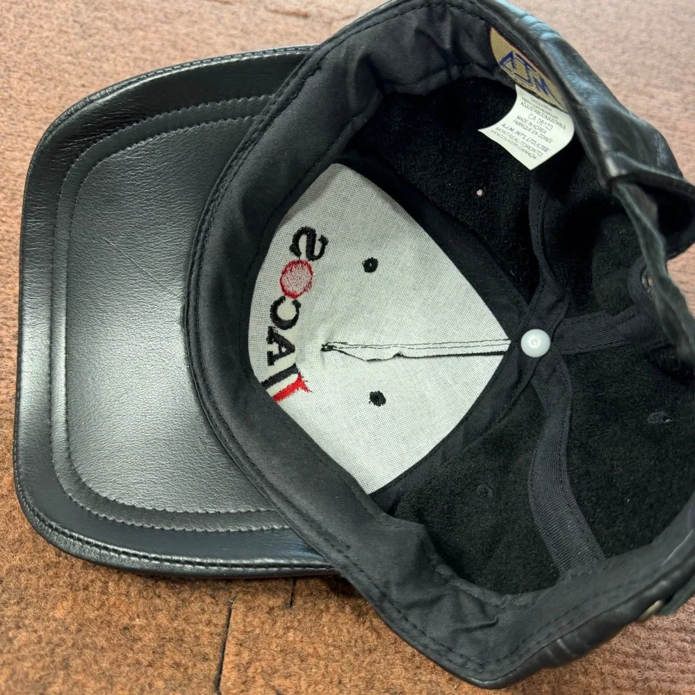 AJM International Black Leather Baseball Cap Jacos Embroidered Logo Hat 0850/8M
